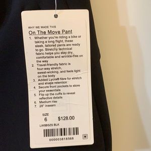 NWT Lululemon on the move black pant size 6